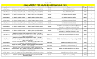 Page 31 of 696
StateName Institute Quota Branch Category TotalSeats
CLEAR VACANCY FOR ROUND 2 PG COUNSELLING 2023
Andhra Pradesh S.V. Medical College, Tirupathi , S.V. Medical College, Tirupathi (700471) All India M.D. (PSYCHIATRY) (PSYY) BC NO 1
Andhra Pradesh S.V. Medical College, Tirupathi , S.V. Medical College, Tirupathi (700471) All India M.D. (PSYCHIATRY) (PSYY) ST NO 1
Andhra Pradesh S.V. Medical College, Tirupathi , S.V. Medical College, Tirupathi (700471) All India M.D. (RADIO-DIAGNOSIS) (RADD) BC NO 1
Andhra Pradesh S.V. Medical College, Tirupathi , S.V. Medical College, Tirupathi (700471) All India M.D. (RADIO-DIAGNOSIS) (RADD) EW NO 1
Andhra Pradesh S.V. Medical College, Tirupathi , S.V. Medical College, Tirupathi (700471) All India M.D. (RADIO-DIAGNOSIS) (RADD) SC NO 1
Andhra Pradesh S.V. Medical College, Tirupathi , S.V. Medical College, Tirupathi (700471) All India M.D. (RADIO-DIAGNOSIS) (RADD) ST NO 1
Andhra Pradesh S.V. Medical College, Tirupathi , S.V. Medical College, Tirupathi (700471) All India
M.D. (Tuberculosis and Respiratory diseases)/Pulmonary
Medicine /M.D. (Respiratory Medicine) (TBRD)
BC NO 1
Andhra Pradesh S.V. Medical College, Tirupathi , S.V. Medical College, Tirupathi (700471) All India
M.D. (Tuberculosis and Respiratory diseases)/Pulmonary
Medicine /M.D. (Respiratory Medicine) (TBRD)
OP NO 1
Andhra Pradesh
Sanghamitra Hospitals Private Limited, Andhra Pradesh, D.No -5-82-1,
Ambedkar Colony Extension, Near South Bypass junction, Beside Swathi
Pipes. Ongole (901767)
DNB Quota (NBEMS-DIPLOMA) ANAESTHESIOLOGY (NBDA) OP NO 2
Andhra Pradesh
Sanghamitra Hospitals Private Limited, Andhra Pradesh, D.No -5-82-1,
Ambedkar Colony Extension, Near South Bypass junction, Beside Swathi
Pipes. Ongole (901767)
DNB Quota (NBEMS-DIPLOMA) Obstetrics and Gynaecology (NDGO) OP NO 2
Andhra Pradesh
Sankar Foundation Eye Hospital,,, 9 - 50 Sai Madhava Nagar Naiduthota
Vepagunta Visakhapatnam (700560)
DNB Quota (NBEMS) OPHTHALMOLOGY (DOPH) OP NO 3
Andhra Pradesh
Sankara Eye Hospital , Vijaywada-, Guntur-Vijayawada Express Highway,
Pedakakani, Guntur (700553)
DNB Quota (NBEMS) OPHTHALMOLOGY (DOPH) OP NO 2
Andhra Pradesh
SANKARA NETRA CHIKITSALAYA, Andhra Pradesh, SANKARA NETRA
CHIKITSALAYA, 59-14-1/2, NIRMALA CONVENT CIRCLE, BHARATHI SQUARE
BUILDING, VIJAYAWADA (901769)
DNB Quota (NBEMS-DIPLOMA) OPHTHALMOLOGY (NBDO) OP NO 2
Andhra Pradesh Seven Hills Hospital, , 11-4-4/A, Rockdale Layout, Visakhapatnam (700554) DNB Quota (NBEMS) ANAESTHESIOLOGY (DANS) OP NO 2
Andhra Pradesh
Siddhartha Medical College, Vijayawada, Siddhartha Medical College,
Vijayawada (700472)
All India MD/MS (Anatomy) (ANAT) OP NO 1
 