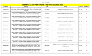 Page 316 of 696
StateName Institute Quota Branch Category TotalSeats
CLEAR VACANCY FOR ROUND 2 PG COUNSELLING 2023
Maharashtra
ANURADHA SUPERSPECIALITY EYE HOSPITAL LLP, Maharashtra, 9652-53-71,
100 FT Road, Gandhi Colony, Ganesh Mandir Bylane, Vishrambhag, Sangli
(701522)
DNB Quota (NBEMS) OPHTHALMOLOGY (DOPH) OP NO 1
Maharashtra
Apollo Hospital, Parsik Hill Road, , APOLLO HOSPITAL PARSIK HILL ROAD
ROAD NO 13 SECTOR 23 CBD BELAPUR NAVI MUMBAI (700979)
DNB Quota (NBEMS) Emergency Medicine (DEMM) OP NO 1
Maharashtra
Apollo Hospital, Parsik Hill Road, , APOLLO HOSPITAL PARSIK HILL ROAD
ROAD NO 13 SECTOR 23 CBD BELAPUR NAVI MUMBAI (700979)
DNB Quota (NBEMS) GENERAL MEDICINE (DMED) OP NO 2
Maharashtra
Apollo Hospital, Parsik Hill Road, , APOLLO HOSPITAL PARSIK HILL ROAD
ROAD NO 13 SECTOR 23 CBD BELAPUR NAVI MUMBAI (700979)
DNB Quota (NBEMS) Obstetrics and Gynaecology (DOBG) OP NO 2
Maharashtra
Apollo Hospital, Parsik Hill Road, , APOLLO HOSPITAL PARSIK HILL ROAD
ROAD NO 13 SECTOR 23 CBD BELAPUR NAVI MUMBAI (700979)
DNB Quota (NBEMS) PAEDIATRICS (DPED) OP NO 1
Maharashtra
Apollo Hospital, Parsik Hill Road, , APOLLO HOSPITAL PARSIK HILL ROAD
ROAD NO 13 SECTOR 23 CBD BELAPUR NAVI MUMBAI (700979)
DNB Quota (NBEMS) RADIO-DIAGNOSIS (DRAD) OP NO 1
Maharashtra
Apollo Hospital, Parsik Hill Road, , APOLLO HOSPITAL PARSIK HILL ROAD
ROAD NO 13 SECTOR 23 CBD BELAPUR NAVI MUMBAI (700979)
DNB Quota (NBEMS) RADIATION ONCOLOGY (DRTH) OP NO 1
Maharashtra
Apollo Hospital, Parsik Hill Road, , APOLLO HOSPITAL PARSIK HILL ROAD
ROAD NO 13 SECTOR 23 CBD BELAPUR NAVI MUMBAI (700979)
DNB Quota (NBEMS) GENERAL SURGERY (DSUR) OP NO 2
Maharashtra
Apollo Hospital, Parsik Hill Road, , APOLLO HOSPITAL PARSIK HILL ROAD
ROAD NO 13 SECTOR 23 CBD BELAPUR NAVI MUMBAI (700979)
DNB Quota (NBEMS) ORTHOPAEDICS (NDORT) OP NO 1
Maharashtra
Apple Saraswati Multispecialty Hospital, (Apple Hospitals and Research
Institute Ltd.) , APPLE SARASWATI MULTISPECIALITY HOSPITAL APPLE
HOSPITALS AND RESEARCH INSTITUTE LTD 804 2 805 2 E WA (700971)
DNB Quota
(NBEMS) Cardio Vascular and Thoracic Surgery (Direct 6 Years
Course) (DCTVS)
OP NO 1
Maharashtra
Apple Saraswati Multispecialty Hospital, (Apple Hospitals and Research
Institute Ltd.) , APPLE SARASWATI MULTISPECIALITY HOSPITAL APPLE
HOSPITALS AND RESEARCH INSTITUTE LTD 804 2 805 2 E WA (700971)
DNB Quota (NBEMS) GENERAL MEDICINE (DMED) OP NO 3
 