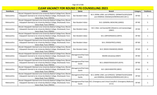 Page 325 of 696
StateName Institute Quota Branch Category TotalSeats
CLEAR VACANCY FOR ROUND 2 PG COUNSELLING 2023
Maharashtra
Bharati Vidyapeeth Deemed to be University Medical College,Pune, Bharati
Vidyapeeth Deemed to be University Medical College, Dhankawadi, Pune
Satara Road, Pune (700435)
Non-Resident Indian
M.D. (DERM.,VENE. and LEPROSY)/ (DERMATOLOGY)/(SKIN
and VENEREAL DISEASES)/(VENEREOLOGY) (DV-L)
OP NO 3
Maharashtra
Bharati Vidyapeeth Deemed to be University Medical College,Pune, Bharati
Vidyapeeth Deemed to be University Medical College, Dhankawadi, Pune
Satara Road, Pune (700435)
Non-Resident Indian M.D. (GENERAL MEDICINE) (GMED) OP NO 5
Maharashtra
Bharati Vidyapeeth Deemed to be University Medical College,Pune, Bharati
Vidyapeeth Deemed to be University Medical College, Dhankawadi, Pune
Satara Road, Pune (700435)
Non-Resident Indian
M.D. (Obst. and Gynae)/MS (Obstetrics and Gynaecology)
(OBGY)
OP NO 2
Maharashtra
Bharati Vidyapeeth Deemed to be University Medical College,Pune, Bharati
Vidyapeeth Deemed to be University Medical College, Dhankawadi, Pune
Satara Road, Pune (700435)
Non-Resident Indian M.S. (ORTHOPAEDICS) (ORTH) OP NO 1
Maharashtra
Bharati Vidyapeeth Deemed to be University Medical College,Pune, Bharati
Vidyapeeth Deemed to be University Medical College, Dhankawadi, Pune
Satara Road, Pune (700435)
Non-Resident Indian M.D. (PAEDIATRICS) (PAED) OP NO 1
Maharashtra
Bharati Vidyapeeth Deemed to be University Medical College,Pune, Bharati
Vidyapeeth Deemed to be University Medical College, Dhankawadi, Pune
Satara Road, Pune (700435)
Non-Resident Indian M.D. (RADIO-DIAGNOSIS) (RADD) OP NO 6
Maharashtra
Bharati Vidyapeeth Deemed to be University Medical College,Pune, Bharati
Vidyapeeth Deemed to be University Medical College, Dhankawadi, Pune
Satara Road, Pune (700435)
Management/Paid Seats
Quota
MD/MS (Anatomy) (ANAT) OP NO 3
Maharashtra
Bharati Vidyapeeth Deemed to be University Medical College,Pune, Bharati
Vidyapeeth Deemed to be University Medical College, Dhankawadi, Pune
Satara Road, Pune (700435)
Management/Paid Seats
Quota
M.D. (ANAESTHESIOLOGY) (ASTH) OP NO 9
Maharashtra
Bharati Vidyapeeth Deemed to be University Medical College,Pune, Bharati
Vidyapeeth Deemed to be University Medical College, Dhankawadi, Pune
Satara Road, Pune (700435)
Management/Paid Seats
Quota
M.D. (BIOCHEMISTRY) (BIOC) OP NO 3
Maharashtra
Bharati Vidyapeeth Deemed to be University Medical College,Pune, Bharati
Vidyapeeth Deemed to be University Medical College, Dhankawadi, Pune
Satara Road, Pune (700435)
Management/Paid Seats
Quota
M.D. (DERM.,VENE. and LEPROSY)/ (DERMATOLOGY)/(SKIN
and VENEREAL DISEASES)/(VENEREOLOGY) (DV-L)
OP NO 1
Maharashtra
Bharati Vidyapeeth Deemed to be University Medical College,Pune, Bharati
Vidyapeeth Deemed to be University Medical College, Dhankawadi, Pune
Satara Road, Pune (700435)
Management/Paid Seats
Quota
M.D. (Emergency and Critical Care)/M.D. (Emergency Medicine)
(E-CC)
OP NO 1
 