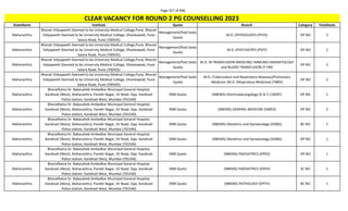 Page 327 of 696
StateName Institute Quota Branch Category TotalSeats
CLEAR VACANCY FOR ROUND 2 PG COUNSELLING 2023
Maharashtra
Bharati Vidyapeeth Deemed to be University Medical College,Pune, Bharati
Vidyapeeth Deemed to be University Medical College, Dhankawadi, Pune
Satara Road, Pune (700435)
Management/Paid Seats
Quota
M.D. (PHYSIOLOGY) (PHYS) OP NO 3
Maharashtra
Bharati Vidyapeeth Deemed to be University Medical College,Pune, Bharati
Vidyapeeth Deemed to be University Medical College, Dhankawadi, Pune
Satara Road, Pune (700435)
Management/Paid Seats
Quota
M.D. (PSYCHIATRY) (PSYY) OP NO 2
Maharashtra
Bharati Vidyapeeth Deemed to be University Medical College,Pune, Bharati
Vidyapeeth Deemed to be University Medical College, Dhankawadi, Pune
Satara Road, Pune (700435)
Management/Paid Seats
Quota
M.D. IN TRANSFUSION MEDICINE/ IMMUNO-HAEMATOLOGY
and BLOOD TRANSFUSION (T-FM)
OP NO 2
Maharashtra
Bharati Vidyapeeth Deemed to be University Medical College,Pune, Bharati
Vidyapeeth Deemed to be University Medical College, Dhankawadi, Pune
Satara Road, Pune (700435)
Management/Paid Seats
Quota
M.D. (Tuberculosis and Respiratory diseases)/Pulmonary
Medicine /M.D. (Respiratory Medicine) (TBRD)
OP NO 2
Maharashtra
BharatRatna Dr. Babasaheb Ambedkar Municipal General Hospital,
Kandivali (West), Maharashtra, Parekh Nagar, SV Road, Opp. Kandivali
Police station, Kandivali West, Mumbai (701540)
DNB Quota (NBEMS) Otorhinolaryngology (E.N.T.) (DENT) OP NO 1
Maharashtra
BharatRatna Dr. Babasaheb Ambedkar Municipal General Hospital,
Kandivali (West), Maharashtra, Parekh Nagar, SV Road, Opp. Kandivali
Police station, Kandivali West, Mumbai (701540)
DNB Quota (NBEMS) GENERAL MEDICINE (DMED) OP NO 2
Maharashtra
BharatRatna Dr. Babasaheb Ambedkar Municipal General Hospital,
Kandivali (West), Maharashtra, Parekh Nagar, SV Road, Opp. Kandivali
Police station, Kandivali West, Mumbai (701540)
DNB Quota (NBEMS) Obstetrics and Gynaecology (DOBG) BC NO 1
Maharashtra
BharatRatna Dr. Babasaheb Ambedkar Municipal General Hospital,
Kandivali (West), Maharashtra, Parekh Nagar, SV Road, Opp. Kandivali
Police station, Kandivali West, Mumbai (701540)
DNB Quota (NBEMS) Obstetrics and Gynaecology (DOBG) OP NO 1
Maharashtra
BharatRatna Dr. Babasaheb Ambedkar Municipal General Hospital,
Kandivali (West), Maharashtra, Parekh Nagar, SV Road, Opp. Kandivali
Police station, Kandivali West, Mumbai (701540)
DNB Quota (NBEMS) PAEDIATRICS (DPED) OP NO 1
Maharashtra
BharatRatna Dr. Babasaheb Ambedkar Municipal General Hospital,
Kandivali (West), Maharashtra, Parekh Nagar, SV Road, Opp. Kandivali
Police station, Kandivali West, Mumbai (701540)
DNB Quota (NBEMS) PAEDIATRICS (DPED) SC NO 1
Maharashtra
BharatRatna Dr. Babasaheb Ambedkar Municipal General Hospital,
Kandivali (West), Maharashtra, Parekh Nagar, SV Road, Opp. Kandivali
Police station, Kandivali West, Mumbai (701540)
DNB Quota (NBEMS) PATHOLOGY (DPTH) BC NO 1
 