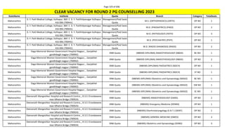 Page 329 of 696
StateName Institute Quota Branch Category TotalSeats
CLEAR VACANCY FOR ROUND 2 PG COUNSELLING 2023
Maharashtra
D. Y. Patil Medical College, Kolhapur, 869 E D. Y. PatilVidyanagar Kolhapur
416 006 (700441)
Management/Paid Seats
Quota
M.S. (ORTHOPAEDICS) (ORTH) OP NO 1
Maharashtra
D. Y. Patil Medical College, Kolhapur, 869 E D. Y. PatilVidyanagar Kolhapur
416 006 (700441)
Management/Paid Seats
Quota
M.D. (PAEDIATRICS) (PAED) OP NO 2
Maharashtra
D. Y. Patil Medical College, Kolhapur, 869 E D. Y. PatilVidyanagar Kolhapur
416 006 (700441)
Management/Paid Seats
Quota
M.D. (PATHOLOGY) (PATH) OP NO 3
Maharashtra
D. Y. Patil Medical College, Kolhapur, 869 E D. Y. PatilVidyanagar Kolhapur
416 006 (700441)
Management/Paid Seats
Quota
M.D. (PSYCHIATRY) (PSYY) OP NO 1
Maharashtra
D. Y. Patil Medical College, Kolhapur, 869 E D. Y. PatilVidyanagar Kolhapur
416 006 (700441)
Management/Paid Seats
Quota
M.D. (RADIO-DIAGNOSIS) (RADD) OP NO 2
Maharashtra
Daga Memorial Women Government Hospital Nagpur, , Ganjakhet
gandhibagh nagpur (700992)
DNB Quota (NBEMS-DIPLOMA) ANAESTHESIOLOGY (NBDA) BC NO 1
Maharashtra
Daga Memorial Women Government Hospital Nagpur, , Ganjakhet
gandhibagh nagpur (700992)
DNB Quota (NBEMS-DIPLOMA) ANAESTHESIOLOGY (NBDA) OP NO 2
Maharashtra
Daga Memorial Women Government Hospital Nagpur, , Ganjakhet
gandhibagh nagpur (700992)
DNB Quota (NBEMS-DIPLOMA) PAEDIATRICS (NDCH) OP NO 1
Maharashtra
Daga Memorial Women Government Hospital Nagpur, , Ganjakhet
gandhibagh nagpur (700992)
DNB Quota (NBEMS-DIPLOMA) PAEDIATRICS (NDCH) ST NO 1
Maharashtra
Daga Memorial Women Government Hospital Nagpur, , Ganjakhet
gandhibagh nagpur (700992)
DNB Quota (NBEMS-DIPLOMA) Obstetrics and Gynaecology (NDGO) BC NO 1
Maharashtra
Daga Memorial Women Government Hospital Nagpur, , Ganjakhet
gandhibagh nagpur (700992)
DNB Quota (NBEMS-DIPLOMA) Obstetrics and Gynaecology (NDGO) EW NO 1
Maharashtra
Daga Memorial Women Government Hospital Nagpur, , Ganjakhet
gandhibagh nagpur (700992)
DNB Quota (NBEMS-DIPLOMA) Obstetrics and Gynaecology (NDGO) SC NO 1
Maharashtra
Deenanath Mangeshkar Hospital and Research Centre.,, 8 13 2 Erandawane
near Mhatre Bridge (700924)
DNB Quota (NBEMS) ANAESTHESIOLOGY (DANS) OP NO 2
Maharashtra
Deenanath Mangeshkar Hospital and Research Centre.,, 8 13 2 Erandawane
near Mhatre Bridge (700924)
DNB Quota (NBEMS) Emergency Medicine (DEMM) OP NO 1
Maharashtra
Deenanath Mangeshkar Hospital and Research Centre.,, 8 13 2 Erandawane
near Mhatre Bridge (700924)
DNB Quota (NBEMS) Otorhinolaryngology (E.N.T.) (DENT) OP NO 1
Maharashtra
Deenanath Mangeshkar Hospital and Research Centre.,, 8 13 2 Erandawane
near Mhatre Bridge (700924)
DNB Quota (NBEMS) GENERAL MEDICINE (DMED) OP NO 3
Maharashtra
Deenanath Mangeshkar Hospital and Research Centre.,, 8 13 2 Erandawane
near Mhatre Bridge (700924)
DNB Quota (NBEMS) Obstetrics and Gynaecology (DOBG) OP NO 3
 