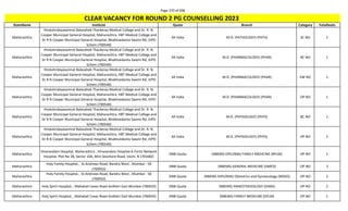 Page 370 of 696
StateName Institute Quota Branch Category TotalSeats
CLEAR VACANCY FOR ROUND 2 PG COUNSELLING 2023
Maharashtra
Hinduhridayasamrat Balasaheb Thackeray Medical College and Dr. R. N.
Cooper Municipal General Hospital, Maharashtra, HBT Medical College and
Dr R N Cooper Municipal General Hospital, Bhaktivedanta Swami Rd, JVPD
Schem (700540)
All India M.D. (PATHOLOGY) (PATH) SC NO 1
Maharashtra
Hinduhridayasamrat Balasaheb Thackeray Medical College and Dr. R. N.
Cooper Municipal General Hospital, Maharashtra, HBT Medical College and
Dr R N Cooper Municipal General Hospital, Bhaktivedanta Swami Rd, JVPD
Schem (700540)
All India M.D. (PHARMACOLOGY) (PHAR) BC NO 1
Maharashtra
Hinduhridayasamrat Balasaheb Thackeray Medical College and Dr. R. N.
Cooper Municipal General Hospital, Maharashtra, HBT Medical College and
Dr R N Cooper Municipal General Hospital, Bhaktivedanta Swami Rd, JVPD
Schem (700540)
All India M.D. (PHARMACOLOGY) (PHAR) EW NO 1
Maharashtra
Hinduhridayasamrat Balasaheb Thackeray Medical College and Dr. R. N.
Cooper Municipal General Hospital, Maharashtra, HBT Medical College and
Dr R N Cooper Municipal General Hospital, Bhaktivedanta Swami Rd, JVPD
Schem (700540)
All India M.D. (PHARMACOLOGY) (PHAR) OP NO 1
Maharashtra
Hinduhridayasamrat Balasaheb Thackeray Medical College and Dr. R. N.
Cooper Municipal General Hospital, Maharashtra, HBT Medical College and
Dr R N Cooper Municipal General Hospital, Bhaktivedanta Swami Rd, JVPD
Schem (700540)
All India M.D. (PHYSIOLOGY) (PHYS) BC NO 1
Maharashtra
Hinduhridayasamrat Balasaheb Thackeray Medical College and Dr. R. N.
Cooper Municipal General Hospital, Maharashtra, HBT Medical College and
Dr R N Cooper Municipal General Hospital, Bhaktivedanta Swami Rd, JVPD
Schem (700540)
All India M.D. (PHYSIOLOGY) (PHYS) OP NO 2
Maharashtra
Hiranandani Hospital, Maharashtra , Hiranandani Hospital-A Fortis Network
Hospital, Plot No 28, Sector 10A, Mini Seashore Road, Vashi, N (701682)
DNB Quota (NBEMS-DIPLOMA) FAMILY MEDICINE (NFLM) OP NO 1
Maharashtra
Holy Family Hospital, , St.Andrews Road, Bandra West , Mumbai - 50
(700932)
DNB Quota (NBEMS) GENERAL MEDICINE (DMED) OP NO 2
Maharashtra
Holy Family Hospital, , St.Andrews Road, Bandra West , Mumbai - 50
(700932)
DNB Quota (NBEMS-DIPLOMA) Obstetrics and Gynaecology (NDGO) OP NO 2
Maharashtra Holy Spirit Hospital, , Mahakali Caves Road Andheri East Mumbai (700933) DNB Quota (NBEMS) ANAESTHESIOLOGY (DANS) OP NO 2
Maharashtra Holy Spirit Hospital, , Mahakali Caves Road Andheri East Mumbai (700933) DNB Quota (NBEMS) FAMILY MEDICINE (DFLM) OP NO 1
 