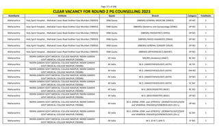 Page 371 of 696
StateName Institute Quota Branch Category TotalSeats
CLEAR VACANCY FOR ROUND 2 PG COUNSELLING 2023
Maharashtra Holy Spirit Hospital, , Mahakali Caves Road Andheri East Mumbai (700933) DNB Quota (NBEMS) GENERAL MEDICINE (DMED) OP NO 2
Maharashtra Holy Spirit Hospital, , Mahakali Caves Road Andheri East Mumbai (700933) DNB Quota (NBEMS) Obstetrics and Gynaecology (DOBG) OP NO 1
Maharashtra Holy Spirit Hospital, , Mahakali Caves Road Andheri East Mumbai (700933) DNB Quota (NBEMS) PAEDIATRICS (DPED) OP NO 1
Maharashtra Holy Spirit Hospital, , Mahakali Caves Road Andheri East Mumbai (700933) DNB Quota (NBEMS) RADIO-DIAGNOSIS (DRAD) OP NO 1
Maharashtra Holy Spirit Hospital, , Mahakali Caves Road Andheri East Mumbai (700933) DNB Quota (NBEMS) GENERAL SURGERY (DSUR) OP NO 2
Maharashtra Holy Spirit Hospital, , Mahakali Caves Road Andheri East Mumbai (700933) DNB Quota (NBEMS) ORTHOPAEDICS (NDORT) OP NO 1
Maharashtra
INDIRA GANDHI GOVT.MEDICAL COLLEGE NAGPUR, INDIRA GANDHI
GOVT.MEDICAL COLLEGE NAGPUR (700306)
All India MD/MS (Anatomy) (ANAT) BC NO 1
Maharashtra
INDIRA GANDHI GOVT.MEDICAL COLLEGE NAGPUR, INDIRA GANDHI
GOVT.MEDICAL COLLEGE NAGPUR (700306)
All India M.D. (ANAESTHESIOLOGY) (ASTH) BC PH 1
Maharashtra
INDIRA GANDHI GOVT.MEDICAL COLLEGE NAGPUR, INDIRA GANDHI
GOVT.MEDICAL COLLEGE NAGPUR (700306)
All India M.D. (ANAESTHESIOLOGY) (ASTH) EW NO 1
Maharashtra
INDIRA GANDHI GOVT.MEDICAL COLLEGE NAGPUR, INDIRA GANDHI
GOVT.MEDICAL COLLEGE NAGPUR (700306)
All India M.D. (ANAESTHESIOLOGY) (ASTH) OP NO 2
Maharashtra
INDIRA GANDHI GOVT.MEDICAL COLLEGE NAGPUR, INDIRA GANDHI
GOVT.MEDICAL COLLEGE NAGPUR (700306)
All India M.D. (ANAESTHESIOLOGY) (ASTH) SC NO 1
Maharashtra
INDIRA GANDHI GOVT.MEDICAL COLLEGE NAGPUR, INDIRA GANDHI
GOVT.MEDICAL COLLEGE NAGPUR (700306)
All India M.D. (BIOCHEMISTRY) (BIOC) BC NO 1
Maharashtra
INDIRA GANDHI GOVT.MEDICAL COLLEGE NAGPUR, INDIRA GANDHI
GOVT.MEDICAL COLLEGE NAGPUR (700306)
All India M.D. (BIOCHEMISTRY) (BIOC) OP NO 1
Maharashtra
INDIRA GANDHI GOVT.MEDICAL COLLEGE NAGPUR, INDIRA GANDHI
GOVT.MEDICAL COLLEGE NAGPUR (700306)
All India
M.D. (DERM.,VENE. and LEPROSY)/ (DERMATOLOGY)/(SKIN
and VENEREAL DISEASES)/(VENEREOLOGY) (DV-L)
OP NO 1
Maharashtra
INDIRA GANDHI GOVT.MEDICAL COLLEGE NAGPUR, INDIRA GANDHI
GOVT.MEDICAL COLLEGE NAGPUR (700306)
All India
M.D. (DERM.,VENE. and LEPROSY)/ (DERMATOLOGY)/(SKIN
and VENEREAL DISEASES)/(VENEREOLOGY) (DV-L)
SC NO 1
Maharashtra
INDIRA GANDHI GOVT.MEDICAL COLLEGE NAGPUR, INDIRA GANDHI
GOVT.MEDICAL COLLEGE NAGPUR (700306)
All India M.S. (E.N.T.) (EN-T) ST NO 1
 