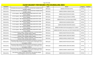 Page 379 of 696
StateName Institute Quota Branch Category TotalSeats
CLEAR VACANCY FOR ROUND 2 PG COUNSELLING 2023
Maharashtra
K B Bhabha Municipal General Hospital, , R K PATKAR ROAD ,BANDRA WEST
,MUMBAI (700939)
DNB Quota (NBEMS) PATHOLOGY (DPTH) OP NO 1
Maharashtra
K B Bhabha Municipal General Hospital, , R K PATKAR ROAD ,BANDRA WEST
,MUMBAI (700939)
DNB Quota (NBEMS) GENERAL SURGERY (DSUR) BC NO 1
Maharashtra
K.E.M. Hospital, , 489, SARDAR MOODLIAR ROAD, RASTA PETH, PUNE
411011 (700940)
DNB Quota (NBEMS) ANAESTHESIOLOGY (DANS) OP NO 2
Maharashtra
K.E.M. Hospital, , 489, SARDAR MOODLIAR ROAD, RASTA PETH, PUNE
411011 (700940)
DNB Quota (NBEMS) Emergency Medicine (DEMM) OP NO 1
Maharashtra
K.E.M. Hospital, , 489, SARDAR MOODLIAR ROAD, RASTA PETH, PUNE
411011 (700940)
DNB Quota (NBEMS) Obstetrics and Gynaecology (DOBG) OP NO 2
Maharashtra
K.E.M. Hospital, , 489, SARDAR MOODLIAR ROAD, RASTA PETH, PUNE
411011 (700940)
DNB Quota (NBEMS) RADIO-DIAGNOSIS (DRAD) OP NO 1
Maharashtra
K.E.M. Hospital, , 489, SARDAR MOODLIAR ROAD, RASTA PETH, PUNE
411011 (700940)
DNB Quota (NBEMS-DIPLOMA) PAEDIATRICS (NDCH) OP NO 1
Maharashtra
K.E.M. Hospital, , 489, SARDAR MOODLIAR ROAD, RASTA PETH, PUNE
411011 (700940)
DNB Quota (NBEMS-DIPLOMA) Otorhinolaryngology (E.N.T.) (NDLO) OP NO 1
Maharashtra
K.E.M. Hospital, , 489, SARDAR MOODLIAR ROAD, RASTA PETH, PUNE
411011 (700940)
DNB Quota (NBEMS-DIPLOMA) Tuberculosis and CHEST DISEASES (NDTC) OP NO 1
Maharashtra
K.J. Somaiya Medical College,, SOMAIYA AYURVIHAR , EASTERN EXPRESS
HIGHWAY, SION, MUMBAI 400022 (700941)
DNB Quota (NBEMS) ANAESTHESIOLOGY (DANS) OP NO 2
Maharashtra
K.J. Somaiya Medical College,, SOMAIYA AYURVIHAR , EASTERN EXPRESS
HIGHWAY, SION, MUMBAI 400022 (700941)
DNB Quota (NBEMS) GENERAL MEDICINE (DMED) OP NO 1
Maharashtra
K.J. Somaiya Medical College,, SOMAIYA AYURVIHAR , EASTERN EXPRESS
HIGHWAY, SION, MUMBAI 400022 (700941)
DNB Quota (NBEMS) GENERAL SURGERY (DSUR) OP NO 1
Maharashtra
Kamalnayan Bajaj Hospital (Marathwada Medical and Research Institutes), ,
Kamalnayan Bajaj Hospital, Gut no. 43, Satara Parisar, Beed bypass road,
Auranagabad. (700942)
DNB Quota (NBEMS) ANAESTHESIOLOGY (DANS) OP NO 1
Maharashtra
Kamalnayan Bajaj Hospital (Marathwada Medical and Research Institutes), ,
Kamalnayan Bajaj Hospital, Gut no. 43, Satara Parisar, Beed bypass road,
Auranagabad. (700942)
DNB Quota (NBEMS) GENERAL MEDICINE (DMED) OP NO 1
Maharashtra
Kamalnayan Bajaj Hospital (Marathwada Medical and Research Institutes), ,
Kamalnayan Bajaj Hospital, Gut no. 43, Satara Parisar, Beed bypass road,
Auranagabad. (700942)
DNB Quota (NBEMS) GENERAL SURGERY (DSUR) OP NO 1
Maharashtra
Khan Bahadur Bhabha Hospital, Maharashtra, Khan Bahadur Bhabha
Hospital Belgrami road kurla west (701604)
DNB Quota (NBEMS) ANAESTHESIOLOGY (DANS) OP NO 1
 