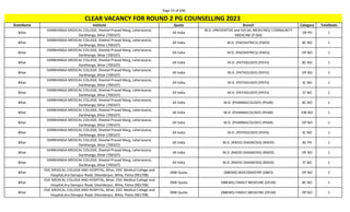 Page 53 of 696
StateName Institute Quota Branch Category TotalSeats
CLEAR VACANCY FOR ROUND 2 PG COUNSELLING 2023
Bihar
DARBHANGA MEDICAL COLLEGE, Sheetal Prasad Marg, Laheriasarai,
Darbhanga, Bihar (700107)
All India
M.D. (PREVENTIVE and SOCIAL MEDICINE)/ COMMUNITY
MEDICINE (P-SM)
OP PH 1
Bihar
DARBHANGA MEDICAL COLLEGE, Sheetal Prasad Marg, Laheriasarai,
Darbhanga, Bihar (700107)
All India M.D. (PAEDIATRICS) (PAED) BC NO 1
Bihar
DARBHANGA MEDICAL COLLEGE, Sheetal Prasad Marg, Laheriasarai,
Darbhanga, Bihar (700107)
All India M.D. (PAEDIATRICS) (PAED) OP NO 1
Bihar
DARBHANGA MEDICAL COLLEGE, Sheetal Prasad Marg, Laheriasarai,
Darbhanga, Bihar (700107)
All India M.D. (PATHOLOGY) (PATH) BC NO 1
Bihar
DARBHANGA MEDICAL COLLEGE, Sheetal Prasad Marg, Laheriasarai,
Darbhanga, Bihar (700107)
All India M.D. (PATHOLOGY) (PATH) OP NO 2
Bihar
DARBHANGA MEDICAL COLLEGE, Sheetal Prasad Marg, Laheriasarai,
Darbhanga, Bihar (700107)
All India M.D. (PATHOLOGY) (PATH) SC NO 1
Bihar
DARBHANGA MEDICAL COLLEGE, Sheetal Prasad Marg, Laheriasarai,
Darbhanga, Bihar (700107)
All India M.D. (PATHOLOGY) (PATH) ST NO 1
Bihar
DARBHANGA MEDICAL COLLEGE, Sheetal Prasad Marg, Laheriasarai,
Darbhanga, Bihar (700107)
All India M.D. (PHARMACOLOGY) (PHAR) BC NO 1
Bihar
DARBHANGA MEDICAL COLLEGE, Sheetal Prasad Marg, Laheriasarai,
Darbhanga, Bihar (700107)
All India M.D. (PHARMACOLOGY) (PHAR) EW NO 1
Bihar
DARBHANGA MEDICAL COLLEGE, Sheetal Prasad Marg, Laheriasarai,
Darbhanga, Bihar (700107)
All India M.D. (PHARMACOLOGY) (PHAR) OP NO 1
Bihar
DARBHANGA MEDICAL COLLEGE, Sheetal Prasad Marg, Laheriasarai,
Darbhanga, Bihar (700107)
All India M.D. (PHYSIOLOGY) (PHYS) SC NO 1
Bihar
DARBHANGA MEDICAL COLLEGE, Sheetal Prasad Marg, Laheriasarai,
Darbhanga, Bihar (700107)
All India M.D. (RADIO-DIAGNOSIS) (RADD) BC PH 1
Bihar
DARBHANGA MEDICAL COLLEGE, Sheetal Prasad Marg, Laheriasarai,
Darbhanga, Bihar (700107)
All India M.D. (RADIO-DIAGNOSIS) (RADD) OP NO 1
Bihar
DARBHANGA MEDICAL COLLEGE, Sheetal Prasad Marg, Laheriasarai,
Darbhanga, Bihar (700107)
All India M.D. (RADIO-DIAGNOSIS) (RADD) ST NO 1
Bihar
ESIC MEDICAL COLLEGE AND HOSPITAL, Bihar, ESIC Medical College and
Hospital,Ara Danapur Road, Sikandarpur, Bihta, Patna (901708)
DNB Quota (NBEMS) BIOCHEMISTRY (DBIO) OP NO 2
Bihar
ESIC MEDICAL COLLEGE AND HOSPITAL, Bihar, ESIC Medical College and
Hospital,Ara Danapur Road, Sikandarpur, Bihta, Patna (901708)
DNB Quota (NBEMS) FAMILY MEDICINE (DFLM) BC NO 1
Bihar
ESIC MEDICAL COLLEGE AND HOSPITAL, Bihar, ESIC Medical College and
Hospital,Ara Danapur Road, Sikandarpur, Bihta, Patna (901708)
DNB Quota (NBEMS) FAMILY MEDICINE (DFLM) OP NO 1
 