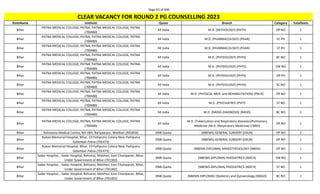 Page 63 of 696
StateName Institute Quota Branch Category TotalSeats
CLEAR VACANCY FOR ROUND 2 PG COUNSELLING 2023
Bihar
PATNA MEDICAL COLLEGE, PATNA, PATNA MEDICAL COLLEGE, PATNA
(700480)
All India M.D. (PATHOLOGY) (PATH) OP NO 1
Bihar
PATNA MEDICAL COLLEGE, PATNA, PATNA MEDICAL COLLEGE, PATNA
(700480)
All India M.D. (PHARMACOLOGY) (PHAR) SC PH 1
Bihar
PATNA MEDICAL COLLEGE, PATNA, PATNA MEDICAL COLLEGE, PATNA
(700480)
All India M.D. (PHARMACOLOGY) (PHAR) ST PH 1
Bihar
PATNA MEDICAL COLLEGE, PATNA, PATNA MEDICAL COLLEGE, PATNA
(700480)
All India M.D. (PHYSIOLOGY) (PHYS) BC NO 1
Bihar
PATNA MEDICAL COLLEGE, PATNA, PATNA MEDICAL COLLEGE, PATNA
(700480)
All India M.D. (PHYSIOLOGY) (PHYS) EW NO 1
Bihar
PATNA MEDICAL COLLEGE, PATNA, PATNA MEDICAL COLLEGE, PATNA
(700480)
All India M.D. (PHYSIOLOGY) (PHYS) OP PH 1
Bihar
PATNA MEDICAL COLLEGE, PATNA, PATNA MEDICAL COLLEGE, PATNA
(700480)
All India M.D. (PHYSIOLOGY) (PHYS) SC NO 1
Bihar
PATNA MEDICAL COLLEGE, PATNA, PATNA MEDICAL COLLEGE, PATNA
(700480)
All India M.D. (PHYSICAL MED. and REHABILITATION) (PM-R) OP NO 1
Bihar
PATNA MEDICAL COLLEGE, PATNA, PATNA MEDICAL COLLEGE, PATNA
(700480)
All India M.D. (PSYCHIATRY) (PSYY) ST NO 1
Bihar
PATNA MEDICAL COLLEGE, PATNA, PATNA MEDICAL COLLEGE, PATNA
(700480)
All India M.D. (RADIO-DIAGNOSIS) (RADD) BC NO 1
Bihar
PATNA MEDICAL COLLEGE, PATNA, PATNA MEDICAL COLLEGE, PATNA
(700480)
All India
M.D. (Tuberculosis and Respiratory diseases)/Pulmonary
Medicine /M.D. (Respiratory Medicine) (TBRD)
OP NO 1
Bihar Rahmania Medical Centre, NH-28A, Bariyaarpur, Motihari (901856) DNB Quota (NBEMS) GENERAL SURGERY (DSUR) OP NO 2
Bihar
Ruban Memorial Hospital, Bihar, 19 Patliputra Colony Near Patliputra
Golambar Patna (701473)
DNB Quota (NBEMS) GENERAL SURGERY (DSUR) OP NO 1
Bihar
Ruban Memorial Hospital, Bihar, 19 Patliputra Colony Near Patliputra
Golambar Patna (701473)
DNB Quota (NBEMS-DIPLOMA) ANAESTHESIOLOGY (NBDA) OP NO 1
Bihar
Sadar Hospital, , Sadar Hospital, Belisarai, Motihari, East Champaran, Bihar,
Under Government of Bihar (701302)
DNB Quota (NBEMS-DIPLOMA) PAEDIATRICS (NDCH) EW NO 1
Bihar
Sadar Hospital, , Sadar Hospital, Belisarai, Motihari, East Champaran, Bihar,
Under Government of Bihar (701302)
DNB Quota (NBEMS-DIPLOMA) PAEDIATRICS (NDCH) ST NO 1
Bihar
Sadar Hospital, , Sadar Hospital, Belisarai, Motihari, East Champaran, Bihar,
Under Government of Bihar (701302)
DNB Quota (NBEMS-DIPLOMA) Obstetrics and Gynaecology (NDGO) BC NO 1
 