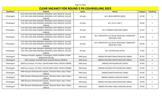 Page 75 of 696
StateName Institute Quota Branch Category TotalSeats
CLEAR VACANCY FOR ROUND 2 PG COUNSELLING 2023
Chhattisgarh
LATE SHRI LAKHI RAM AGRAWAL MEMORIAL GOVT.MEDICAL COLLEGE,
LATE SHRI LAKHI RAM AGRAWAL MEMORIAL GOVT.MEDICAL COLLEGE
(700534)
All India M.D. (BIOCHEMISTRY) (BIOC) OP NO 1
Chhattisgarh
LATE SHRI LAKHI RAM AGRAWAL MEMORIAL GOVT.MEDICAL COLLEGE,
LATE SHRI LAKHI RAM AGRAWAL MEMORIAL GOVT.MEDICAL COLLEGE
(700534)
All India M.S. (E.N.T.) (EN-T) OP NO 1
Chhattisgarh
LATE SHRI LAKHI RAM AGRAWAL MEMORIAL GOVT.MEDICAL COLLEGE,
LATE SHRI LAKHI RAM AGRAWAL MEMORIAL GOVT.MEDICAL COLLEGE
(700534)
All India M.D. (FORENSIC MEDICINE) (FMED) SC NO 1
Chhattisgarh
LATE SHRI LAKHI RAM AGRAWAL MEMORIAL GOVT.MEDICAL COLLEGE,
LATE SHRI LAKHI RAM AGRAWAL MEMORIAL GOVT.MEDICAL COLLEGE
(700534)
All India
M.D. (PREVENTIVE and SOCIAL MEDICINE)/ COMMUNITY
MEDICINE (P-SM)
BC NO 1
Chhattisgarh
LATE SHRI LAKHI RAM AGRAWAL MEMORIAL GOVT.MEDICAL COLLEGE,
LATE SHRI LAKHI RAM AGRAWAL MEMORIAL GOVT.MEDICAL COLLEGE
(700534)
All India
M.D. (PREVENTIVE and SOCIAL MEDICINE)/ COMMUNITY
MEDICINE (P-SM)
EW NO 1
Chhattisgarh
LATE SHRI LAKHI RAM AGRAWAL MEMORIAL GOVT.MEDICAL COLLEGE,
LATE SHRI LAKHI RAM AGRAWAL MEMORIAL GOVT.MEDICAL COLLEGE
(700534)
All India M.D. (PHYSIOLOGY) (PHYS) ST NO 1
Chhattisgarh
Maharani Hospital, Jagdalpur, Chhattisgarh, NEAR CHANDNI CHOWK
JAGDALPUR (701718)
DNB Quota (NBEMS-DIPLOMA) ANAESTHESIOLOGY (NBDA) BC NO 1
Chhattisgarh Mark Hospital, Chantidih Road, Sarkanda Bilaspur (901853) DNB Quota (NBEMS-DIPLOMA) ANAESTHESIOLOGY (NBDA) OP NO 2
Chhattisgarh MGM Eye Institute, 5TH MILE, VIDHAN SABHA ROAD, RAIPUR (700609) DNB Quota (NBEMS) OPHTHALMOLOGY (DOPH) OP NO 1
Chhattisgarh MGM Eye Institute, 5TH MILE, VIDHAN SABHA ROAD, RAIPUR (700609) DNB Quota (NBEMS-DIPLOMA) OPHTHALMOLOGY (NBDO) OP NO 1
Chhattisgarh
MMI Narayana Multispecialty Hospital,, Dhamtari Road, Lalpur, Raipur
(700615)
DNB Quota (NBEMS) ANAESTHESIOLOGY (DANS) OP NO 2
Chhattisgarh
MMI Narayana Multispecialty Hospital,, Dhamtari Road, Lalpur, Raipur
(700615)
DNB Quota (NBEMS) GENERAL MEDICINE (DMED) OP NO 2
Chhattisgarh
MMI Narayana Multispecialty Hospital,, Dhamtari Road, Lalpur, Raipur
(700615)
DNB Quota (NBEMS-DIPLOMA) ANAESTHESIOLOGY (NBDA) OP NO 1
Chhattisgarh
MMI Narayana Multispecialty Hospital,, Dhamtari Road, Lalpur, Raipur
(700615)
DNB Quota (NBEMS-DIPLOMA) FAMILY MEDICINE (NFLM) OP NO 1
 