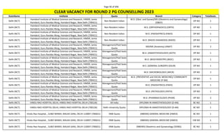 Page 90 of 696
StateName Institute Quota Branch Category TotalSeats
CLEAR VACANCY FOR ROUND 2 PG COUNSELLING 2023
Delhi (NCT)
Hamdard Institute of Medical Sciences and Research, HIMSR, Jamia
Hamdard, Guru Ravidas Marg, Hamdard Nagar, New Delhi (700421)
Non-Resident Indian
M.D. (Obst. and Gynae)/MS (Obstetrics and Gynaecology)
(OBGY)
OP NO 1
Delhi (NCT)
Hamdard Institute of Medical Sciences and Research, HIMSR, Jamia
Hamdard, Guru Ravidas Marg, Hamdard Nagar, New Delhi (700421)
Non-Resident Indian M.S. (ORTHOPAEDICS) (ORTH) OP NO 1
Delhi (NCT)
Hamdard Institute of Medical Sciences and Research, HIMSR, Jamia
Hamdard, Guru Ravidas Marg, Hamdard Nagar, New Delhi (700421)
Non-Resident Indian M.D. (PAEDIATRICS) (PAED) OP NO 1
Delhi (NCT)
Hamdard Institute of Medical Sciences and Research, HIMSR, Jamia
Hamdard, Guru Ravidas Marg, Hamdard Nagar, New Delhi (700421)
Non-Resident Indian M.D. (RADIO-DIAGNOSIS) (RADD) OP NO 1
Delhi (NCT)
Hamdard Institute of Medical Sciences and Research, HIMSR, Jamia
Hamdard, Guru Ravidas Marg, Hamdard Nagar, New Delhi (700421)
Management/Paid Seats
Quota
MD/MS (Anatomy) (ANAT) OP NO 2
Delhi (NCT)
Hamdard Institute of Medical Sciences and Research, HIMSR, Jamia
Hamdard, Guru Ravidas Marg, Hamdard Nagar, New Delhi (700421)
Management/Paid Seats
Quota
M.D. (ANAESTHESIOLOGY) (ASTH) OP NO 1
Delhi (NCT)
Hamdard Institute of Medical Sciences and Research, HIMSR, Jamia
Hamdard, Guru Ravidas Marg, Hamdard Nagar, New Delhi (700421)
Management/Paid Seats
Quota
M.D. (BIOCHEMISTRY) (BIOC) OP NO 1
Delhi (NCT)
Hamdard Institute of Medical Sciences and Research, HIMSR, Jamia
Hamdard, Guru Ravidas Marg, Hamdard Nagar, New Delhi (700421)
Management/Paid Seats
Quota
M.S. (GENERAL SURGERY) (GSUR) OP NO 1
Delhi (NCT)
Hamdard Institute of Medical Sciences and Research, HIMSR, Jamia
Hamdard, Guru Ravidas Marg, Hamdard Nagar, New Delhi (700421)
Management/Paid Seats
Quota
M.D. (MICROBIOLOGY) (MICR) OP NO 2
Delhi (NCT)
Hamdard Institute of Medical Sciences and Research, HIMSR, Jamia
Hamdard, Guru Ravidas Marg, Hamdard Nagar, New Delhi (700421)
Management/Paid Seats
Quota
M.D. (PREVENTIVE and SOCIAL MEDICINE)/ COMMUNITY
MEDICINE (P-SM)
OP NO 1
Delhi (NCT)
Hamdard Institute of Medical Sciences and Research, HIMSR, Jamia
Hamdard, Guru Ravidas Marg, Hamdard Nagar, New Delhi (700421)
Management/Paid Seats
Quota
M.D. (PAEDIATRICS) (PAED) OP NO 1
Delhi (NCT)
Hamdard Institute of Medical Sciences and Research, HIMSR, Jamia
Hamdard, Guru Ravidas Marg, Hamdard Nagar, New Delhi (700421)
Management/Paid Seats
Quota
M.D. (PATHOLOGY) (PATH) OP NO 1
Delhi (NCT)
Hamdard Institute of Medical Sciences and Research, HIMSR, Jamia
Hamdard, Guru Ravidas Marg, Hamdard Nagar, New Delhi (700421)
Management/Paid Seats
Quota
M.D. (PHARMACOLOGY) (PHAR) OP NO 2
Delhi (NCT) HINDU RAO HOSPITAL DELHI, HINDU RAO HOSPITAL DELHI (700126) All India DIPLOMA IN ANAESTHESIOLOGY (D-AN) BC NO 1
Delhi (NCT) HINDU RAO HOSPITAL DELHI, HINDU RAO HOSPITAL DELHI (700126) Delhi University Quota DIPLOMA IN ANAESTHESIOLOGY (D-AN) BC NO 1
Delhi (NCT) Hindu Rao Hospital, , SUBZI MANDI, MALKA GANJ, DELHI-110007 (700631) DNB Quota (NBEMS) GENERAL MEDICINE (DMED) BC NO 1
Delhi (NCT) Hindu Rao Hospital, , SUBZI MANDI, MALKA GANJ, DELHI-110007 (700631) DNB Quota (NBEMS) GENERAL MEDICINE (DMED) EW NO 1
Delhi (NCT) Hindu Rao Hospital, , SUBZI MANDI, MALKA GANJ, DELHI-110007 (700631) DNB Quota (NBEMS) Obstetrics and Gynaecology (DOBG) BC NO 1
 