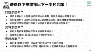 透過以下提問找出下一步的共識！
問題怎麼問？
● 評估光電對於生態環境不同面向的衝擊，需要具備哪些問題意識？
● 如何讓資料可以提供空間指引、迴避敏感區域、管控開發量體等關鍵課題？
● 如何確認問題問得好不好？如何投入監測評估當初的決策？
資料怎麼來？
● 當前光電發展需要補足的生態資訊有哪些？
● 需要哪些機制、法規、政策支持資訊的產生？
資料怎麼用？
● 如何產出（統計分析）得以運用的資訊？並且進行轉譯
● 如何讓資料在源頭解決問題（規劃階段）？別讓衝突發生在審議階段
20
 