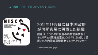 wЩ`ƥ󥿩`(NISC)
201519դձ
wٷOäM
ǰϡ2000Oäwٷ
ƥMҤ2005˸ĽMO
ä줿wٷ󥻥ƥ󥿩`
5
https://www.nisc.go.jp/
 