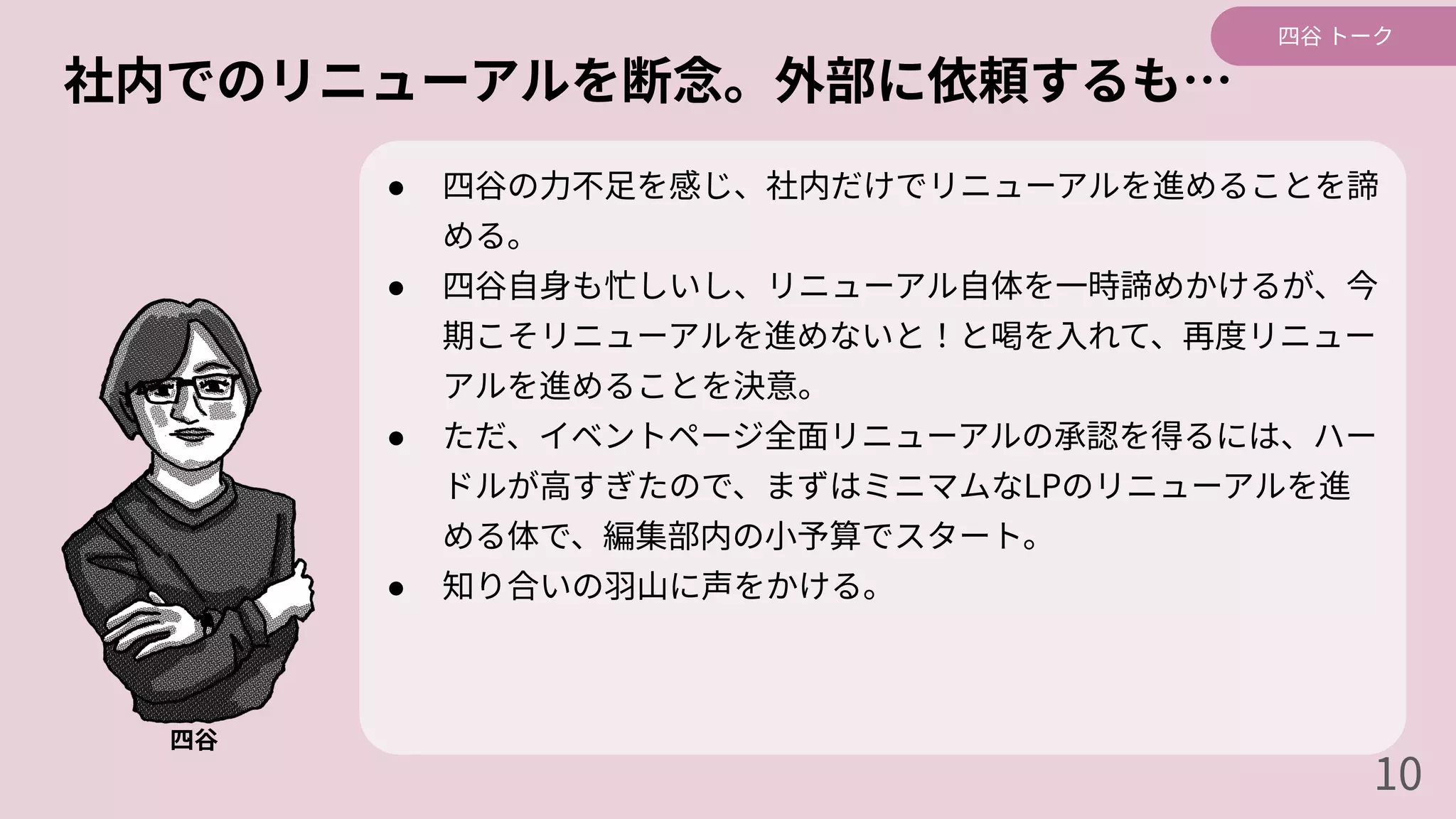 社内でのリニューアルを断念。外部に依頼するも…
● 四⾕の⼒不⾜を感じ、社内だけでリニューアルを進めることを諦
める。
● 四⾕⾃⾝も忙しいし、リニューアル⾃体を⼀時諦めかけるが、今
期こそリニューアルを進めないと！と喝を⼊れて、再度リニュー
アルを進めることを決意。
● ただ、イベントページ全⾯リニューアルの承認を得るには、ハー
ドルが⾼すぎたので、まずはミニマムなLPのリニューアルを進
める体で、編集部内の⼩予算でスタート。
● 知り合いの⽻⼭に声をかける。
四⾕
四⾕ トーク
10
 