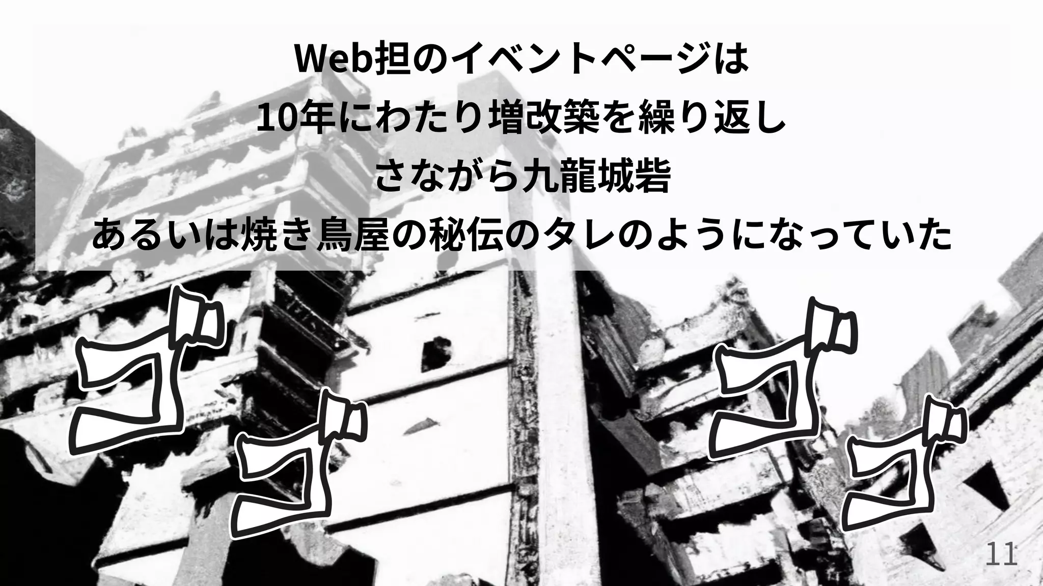 Web担のイベントページは
10年にわたり増改築を繰り返し
さながら九⿓城砦
あるいは焼き⿃屋の秘伝のタレのようになっていた
11
 