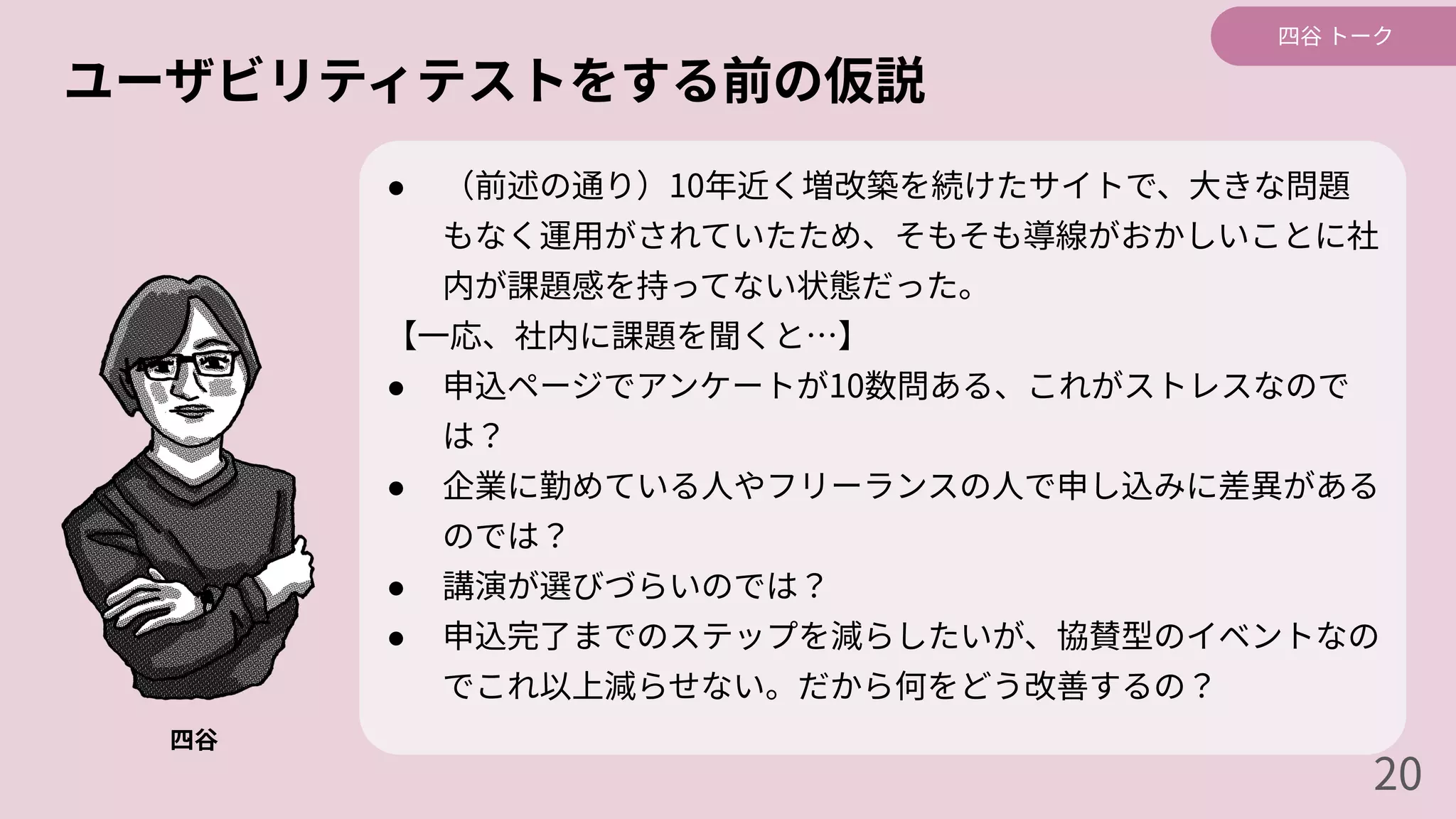 ユーザビリティテストをする前の仮説
● （前述の通り）10年近く増改築を続けたサイトで、⼤きな問題
もなく運⽤がされていたため、そもそも導線がおかしいことに社
内が課題感を持ってない状態だった。
【⼀応、社内に課題を聞くと…】
● 申込ページでアンケートが10数問ある、これがストレスなので
は？
● 企業に勤めている⼈やフリーランスの⼈で申し込みに差異がある
のでは？
● 講演が選びづらいのでは？
● 申込完了までのステップを減らしたいが、協賛型のイベントなの
でこれ以上減らせない。だから何をどう改善するの？
四⾕
四⾕ トーク
20
 