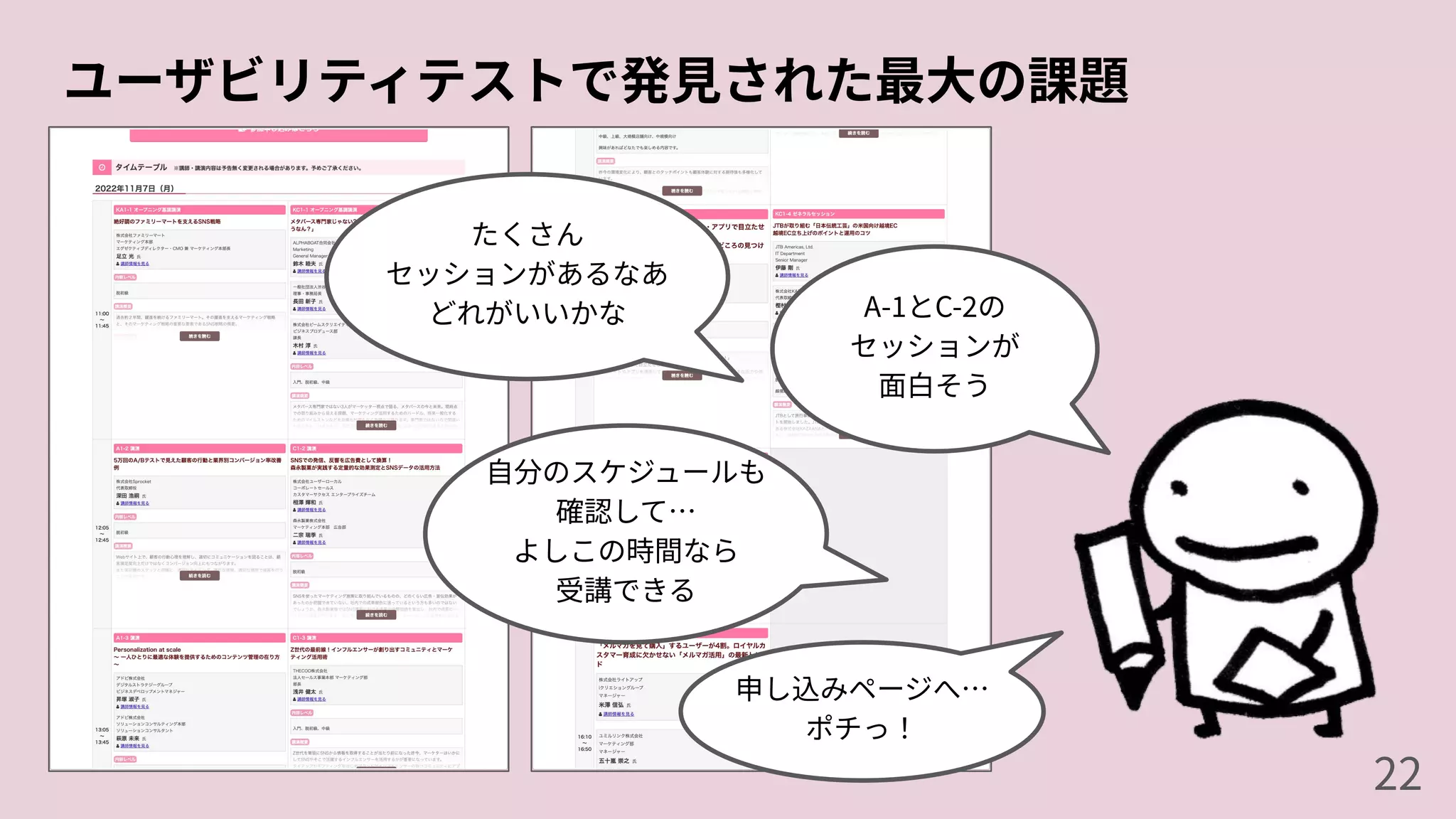 ユーザビリティテストで発⾒された最⼤の課題
A-1とC-2の
セッションが
⾯⽩そう
⾃分のスケジュールも
確認して…
よしこの時間なら
受講できる
たくさん
セッションがあるなあ
どれがいいかな
申し込みページへ…
ポチっ！
22
 