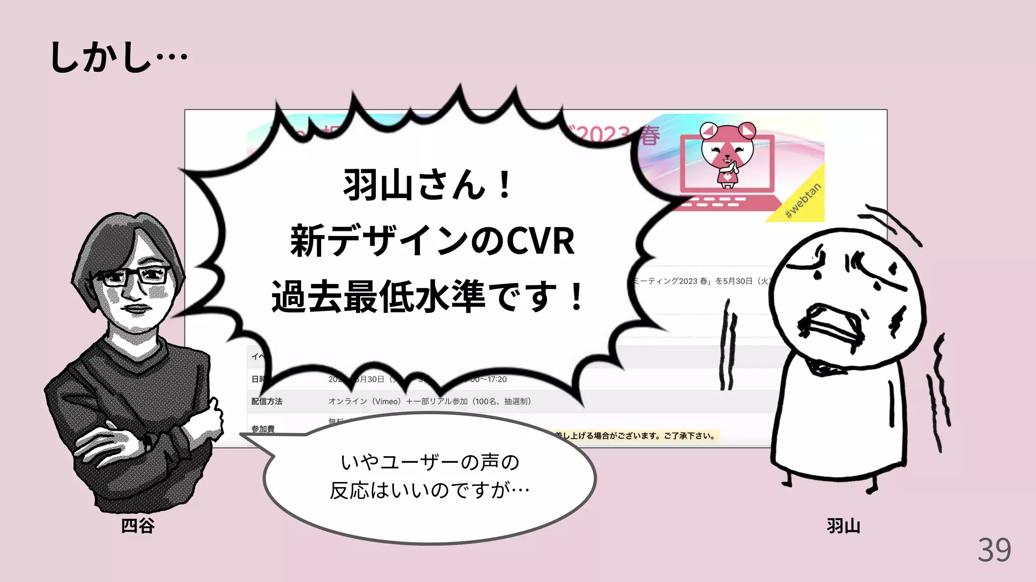 しかし…
四⾕ ⽻⼭
⽻⼭さん！
新デザインのCVR
過去最低⽔準です！
いやユーザーの声の
反応はいいのですが…
39
 