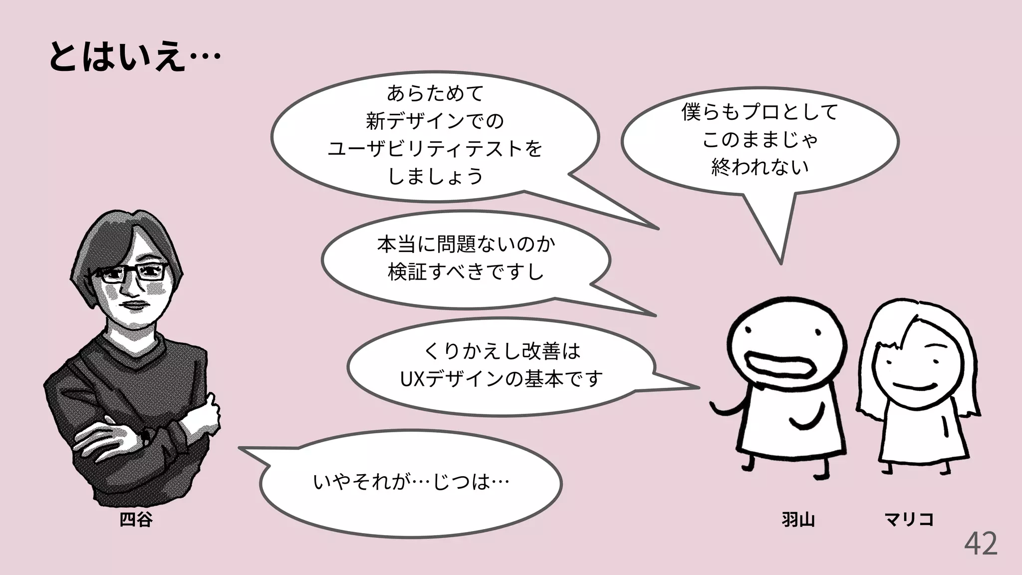 とはいえ…
四⾕ ⽻⼭
いやそれが…じつは…
あらためて
新デザインでの
ユーザビリティテストを
しましょう
本当に問題ないのか
検証すべきですし
くりかえし改善は
UXデザインの基本です
マリコ
僕らもプロとして
このままじゃ
終われない
42
 