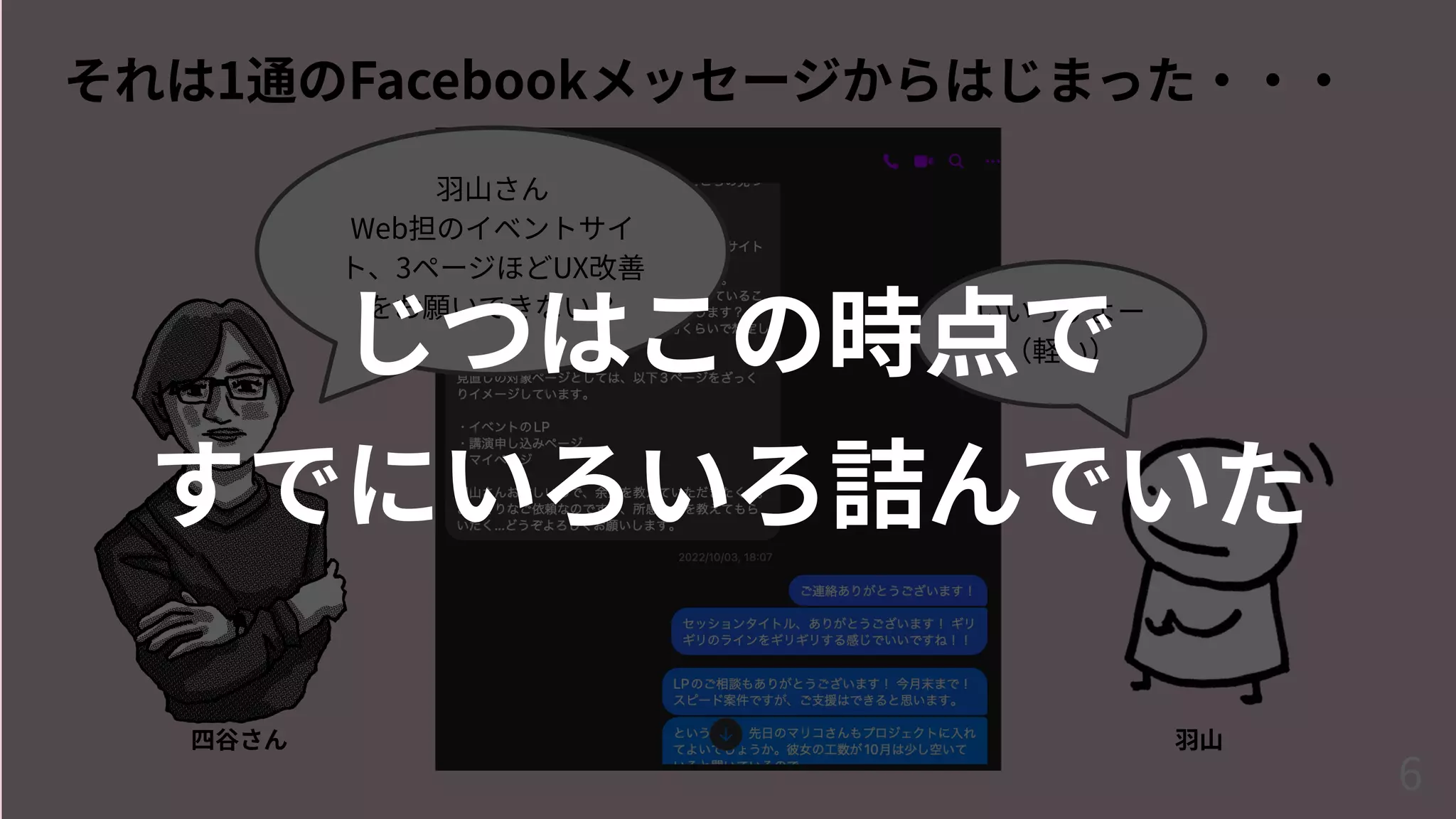 それは1通のFacebookメッセージからはじまった‧‧‧
四⾕さん ⽻⼭
⽻⼭さん
Web担のイベントサイ
ト、3ページほどUX改善
をお願いできない？ いいっすよー
（軽い）
じつはこの時点で
すでにいろいろ詰んでいた
6
 