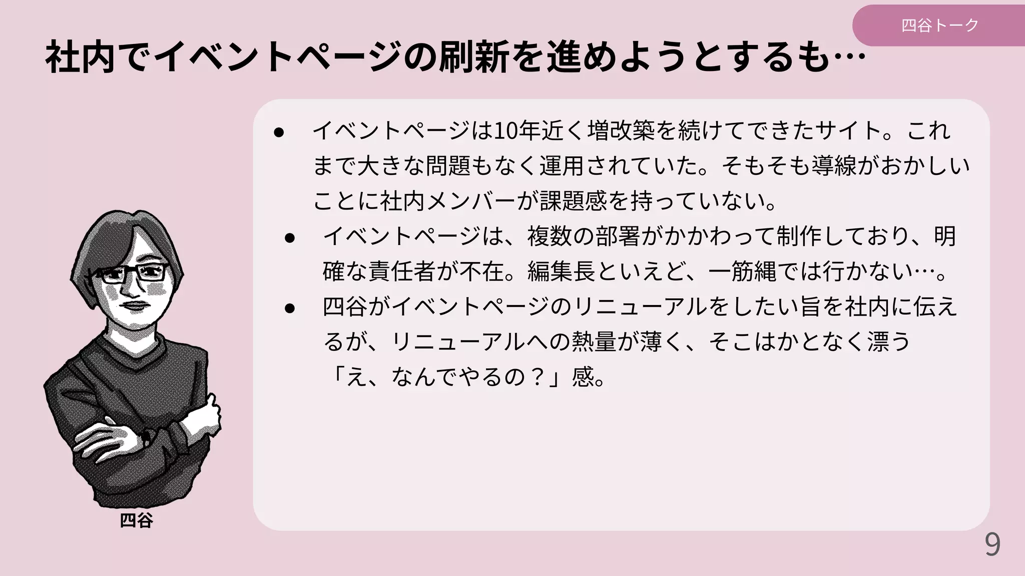 社内でイベントページの刷新を進めようとするも…
● イベントページは10年近く増改築を続けてできたサイト。これ
まで⼤きな問題もなく運⽤されていた。そもそも導線がおかしい
ことに社内メンバーが課題感を持っていない。
● イベントページは、複数の部署がかかわって制作しており、明
確な責任者が不在。編集⻑といえど、⼀筋縄では⾏かない…。
● 四⾕がイベントページのリニューアルをしたい旨を社内に伝え
るが、リニューアルへの熱量が薄く、そこはかとなく漂う
「え、なんでやるの？」感。
四⾕
四⾕トーク
9
 
