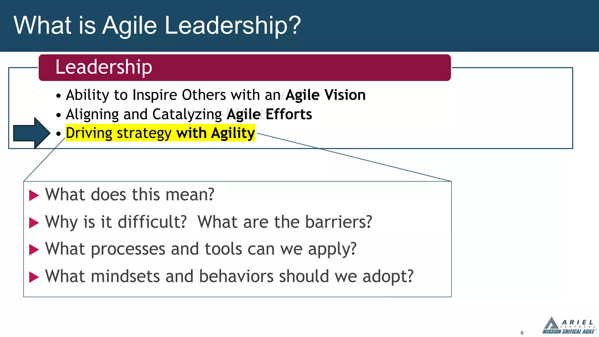 6
What is Agile Leadership?
• Ability to Inspire Others with a Vision
• Aligning and Catalyzing Efforts
• Driving strategy
• Ability to Inspire Others with an Agile Vision
• Aligning and Catalyzing Agile Efforts
• Driving strategy with Agility
Leadership
u What does this mean?
u Why is it difficult? What are the barriers?
u What processes and tools can we apply?
u What mindsets and behaviors should we adopt?
 