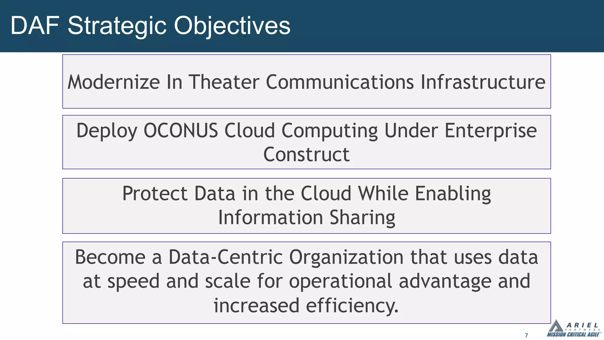 7
DAF Strategic Objectives
Modernize In Theater Communications Infrastructure
Deploy OCONUS Cloud Computing Under Enterprise
Construct
Protect Data in the Cloud While Enabling
Information Sharing
Become a Data-Centric Organization that uses data
at speed and scale for operational advantage and
increased efficiency.
 