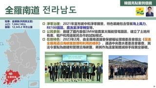 韓國亮點案例借鏡
全羅南道 전라남도
全羅南道
知事：金瑛錄(共同民主黨)
人口：1,844,148人
面積：12,345.2 平方公里
全羅南道
全羅南道
 淨零治理：2021年宣布碳中和淨零願景，特色戰略包含發展海上風力、
RE100園區、農漁業淨零轉型等。
 公民參與：創建了國內首個3MW級農業太陽能發電園區，建立了土地所
有者、租戶和周邊居民合作的試點模式。
 在地特色：2023年2月，由全羅南道議會保健福祉環境委員會提出《促進
全羅南道沿海碳匯管理和利用的條例》，通過中央農水產委員會審查，其
法令重點為創建和管理沿海碳匯，將其作為溫室氣體減排手段奠定基礎。
全羅南道碳中和支持中心
寶城農電共生示範園區
33
 
