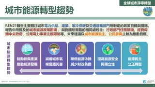 6
Copyright ITRI 工業技術研究院 版權所有
資料來源：RENEWABLES IN CITIES 2021
城市能源轉型趨勢
REN21報告主要關注城市電力供給、建築、製冷供暖及交通運輸部門所制定的政策目標與措施。
報告中所提及的城市能源政策困境 ，與我國所面臨的相同處包含：行政部門任務繁瑣、經費仰
賴中央政府、公用電力事業法規限制等。未來建議以城市能源自主、公民參與主軸為推動目標。
鼓勵新興產業
推動經濟發展
減緩城市氣
候變遷災害
降低能源依賴
減少財政負擔
提高能源安全
與獨立性
能源民主
公正轉型
城
市
能
源
轉
型
趨
勢
全球城市淨零轉型
6
6
 