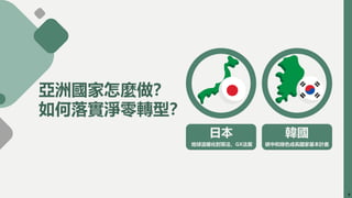 亞洲國家怎麼做？
如何落實淨零轉型？
地球溫暖化對策法、GX法案
韓國
日本
碳中和綠色成長國家基本計畫
8
 