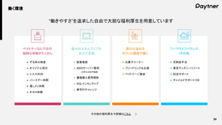 24
働く環境
“働きやすさ”を追求した自由で大胆な福利厚生を用意しています
ペイトナーならではの
独特な休暇がたくさん
● ずる休み制度
● オリジナル祝日
● シエスタOK
● バースデー休暇
● 推しメン休暇
● オセロ休暇
個々のスキルアップを
全力で支援
● 副業推奨
● AWSサーバー費用
● 書籍購入費用補助
● SQLインセンティブ
● 寿司打チャレンジ
※月10,000円負担
遊び心溢れる
オフィス環境や催し
● お菓子コーナー
● フリードリンク＆お酒
● ペイトナーご飯会
ワークライフバランス
/その他
● 花粉症手当
● 東京ディズニーリゾート
● 妊活サポート
● チャイルドサポート100
その他の福利厚生や詳細はこちら
 