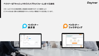 ペイトナーは「キャッシュマネジメントプラットフォーム」をつくる会社
スモールビジネスの資金管理、資金繰りを改善するサービス提供により
ビジネスのお金に関わる業務負担やストレスのない環境をづくりを目指しています。
4
 
