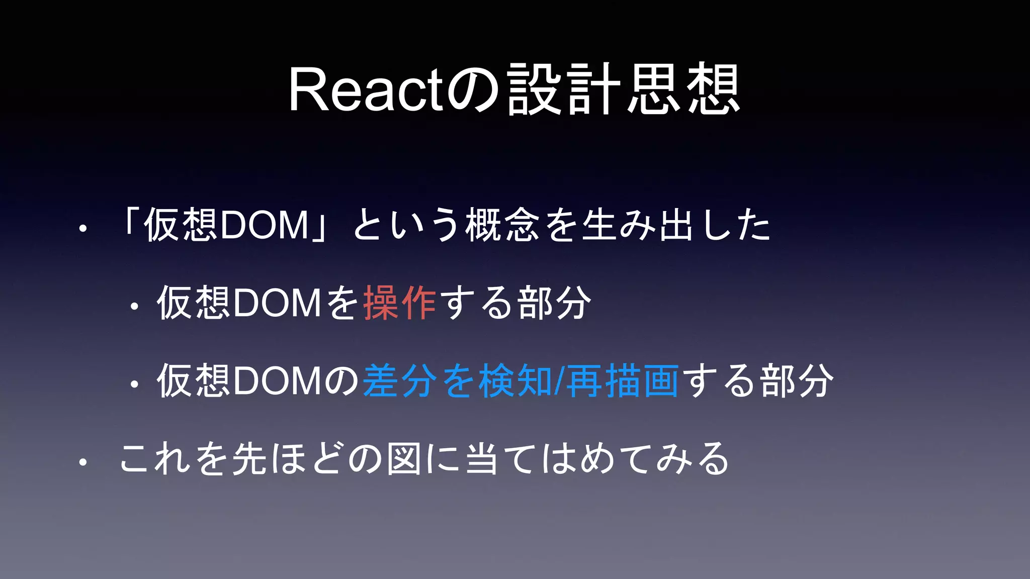 Reactの設計思想
• 「仮想DOM」という概念を生み出した
• 仮想DOMを操作する部分
• 仮想DOMの差分を検知/再描画する部分
• これを先ほどの図に当てはめてみる
 