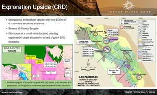 Exploration Upside (CRD)
www.impactsilver.com TSXV:IPT / OTCPK:ISVL.F / DB:IKL
21
• Exceptional exploration upside with only 600m of
6 kilometre structure explored
• Several drill ready targets
• Plomosas is a small mine located on a big
exploration target situated in a belt of giant CRD
deposits.
• Unexplored gold and copper targets with high grade grab samples and
geophysics (IP, Mag) to the northwest associated with felsic intrusion
GOLD & COPPER
TARGETS
 