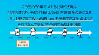 37
この先の70年で AI をとりまく状況は
何度も変わり、そのたび新しい設計⽅法論が必要になる
しかし1957年にWebもiPhoneも予測できなかったように
それがなんであるかを予測するのは不可能
2012 2020 2030 2040 2050 2060 2070 2080 2090 2092
2023年
俺らはイマココ
 