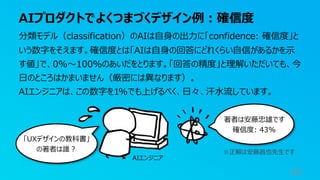 AIプロダクトでよくつまづくデザイン例︓確信度
43
分類モデル（classification）のAIは⾃⾝の出⼒に「confidence: 確信度」と
いう数字をそえます。確信度とは「AIは⾃⾝の回答にどれくらい⾃信があるかを⽰
す値」で、0%〜100%のあいだをとります。「回答の精度」と理解いただいても、今
⽇のところはかまいません（厳密には異なります）。
AIエンジニアは、この数字を1%でも上げるべく、⽇々、汗⽔流しています。
「UXデザインの教科書」
の著者は誰︖
著者は安藤忠雄です
確信度: 43%
AIエンジニア
※正解は安藤昌也先⽣です
 