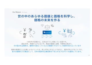 世の中のあらゆる価値と価格を科学し、
価格の未来を作る
1990年代初頭から、日本はデフレが続いている国です。
過去30年、物価が上がらない中、商品の価値と品質、利便性は高まり、
その歪みを企業努力、皺寄せを食らっている人の頑張りでカバーして経済が成り立っています
価格を最適化した企業によるメリットは、売上が向上することではなく、粗利が向上することです。
我々は価格のプロ集団として、日本の経済を企業成長を下支えするプロダクトを提供しています。
Our Mission ミッション
5
 