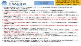 Copyright © 2023 Yakocloud, All Rights Reserved.
ワークショップ①：
当日の討議メモ
• GPTで壁打ちして確認している。ホワイトカラーには必須のツール。ワークフローなどでテンプレート化。自分が考え切れていないことの補完。
• 単純作業は生成AIに取って替わられるのではないか。
• 人間味がある職業はAI利用が促進された後も存在し続ける仕事。パーソナルトレーナー。リアルな対面会話の相談仕事など。
• AIが学習材料としての人間の仕事。AIが学習しないといけない持っていないデータを得るために人間が失敗材料を提供する。AI学習用の知見者として
の職業。
• Experience Mining：人間の失敗をデータで残すことがAIにとっては価値になる可能性。リアルな体験そのものに価値を見いだす場合には高価なサービス、
AI体験では極めて安価なサービス。
• M社G社のオフィスツールに生成系AIがバインドされるので劇的に仕事の仕方は変わる。今後はバーティカル（業界）特化型のAIサービスに可能性あり。
• AIを使いこなしたBPO集団が稼ぐイメージ。Giant達が手を出さないニッチな領域の生成系AIサービス。Sell work, Not Softwareなど。AI教育や人材開発
の可能性。
• プロしかできなかった仕事が素人でもできる。作業レベルの者は生成系AIへ。AI出力に対するアセスメントや評価が新たな職業に。AIコンサルも業種特
化型の専門性が重要。
• 作業効率があがるところ、構造化、客観性の担保、これらが生成系AIのよいところ。同質化（独自性の減少）、過度の依存性、新規性の無さなどがわる
いところ。
• 新規性は結局過去のノウハウやデータを汲みあわせたものなので、生成系AIと同じようなところ。
• バーチャルアシスタント的な使い方。GPTが生成する回答が若干間違っていることもある。シニア／ジュニアスタッフの仕事の仕方が変わる。会社の組織
構造がフラットに変わっていくのではないか。
• 作業者だった人達を生成系AIを使いこなす人にどうやって変えていくか。一人一人にある程度カスタマイズされたGPTの活用によって判断力を上げる。
AIサービスのコーディネータも新たな職業。その他、なくならない仕事としてはダンサーなどのフィジカルな仕事
• DXよりもはるかに生産性がよいAIトランスフォーメーション。AIによるバリューチェーンの中抜き。データを蓄積できていない企業は（AI学習に使えないた
め）競争力が低下するだろう。
• （単純な）思考の省略、自分が想定していない新たな気づきの生成。使いこなせるかどうか。
• 単純に禁止してしまうのではなく、組織内で活用目的とルールを定めて使っていく。企業内でリソースが空いてくるため、生成系AI活用で空いたリソース
で新たな仕事を請け負う。リスキリングできれば若手や単純作業をしていた人達にも新たな活躍のチャンスが生まれる。
発表された討議内容のメモ（後日開示）
下記情報を参照する際には以下記述下さい
「第34回八子クラウド座談会 討議メモより」
仕事の仕方と職業の
なにが変わるか
 