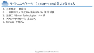 Copyright © 2023 Yakocloud, All Rights Reserved.
ライトニングトーク （ 17:20〜17:45）各人5分×5人
1. 三井物産 越田様
2. 一般社団法人 生成系AI協会（GAIS) 渡辺 誠様
3. 旭鉄工 / iSmart Technologies 木村様
4. アプル・テクノロジーズ 足立さん
5. temaris 井橋さん
 