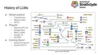 History of LLMs
4
Zhao, Wayne Xin, et al. "A survey of large language models." arXiv
preprint arXiv:2303.18223 (2023).
● What’s behind
○ Transformers
○ Massive data
○ GPUs
● Popular
○ OpenAI GPT 3/4
○ Google Bard
○ Meta LLaMA
○ Google T5
○ BLOOM
● Coming Soon!
○ Deepmind Gemini
○ OpenAI GPT 5
 