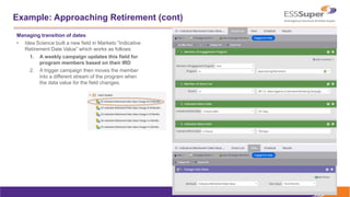 Classification: PROTECTED
Example: Approaching Retirement (cont)
Managing transition of dates
• Idea Science built a new field in Marketo “Indicative
Retirement Date Value” which works as follows:
1. A weekly campaign updates this field for
program members based on their IRD
2. A trigger campaign then moves the member
into a different stream of the program when
the data value for the field changes.
 