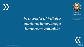 In a world of inﬁnite
content, knowledge
becomes valuable
Denny
Vrandečić
[WikiData]
[Semantic MediaWiki]
[Wikifunctions]
14 Neo4j Inc. All rights reserved 2023
 
