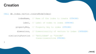 Creation
CALL db.index.vector.createNodeIndex(
)
indexName, // Name of the index to create (STRING)
label, // Label of nodes to index (STRING)
propertyKey, // Property key to index (STRING)
dimensions, // Dimensionality of vectors to index (INTEGER)
similarityFunction // “EUCLIDEAN” or “COSINE”
(case-insensitive STRING)
 