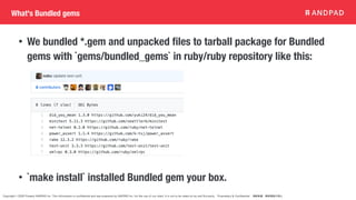 Copyright © 2020 Present ANDPAD Inc. This information is confidential and was prepared by ANDPAD Inc. for the use of our client. It is not to be relied on by and 3rd party. Proprietary & Confidential 無断転載・無断複製の禁止
What's Bundled gems
• We bundled *.gem and unpacked
fi
les to tarball package for Bundled
gems with `gems/bundled_gems` in ruby/ruby repository like this:
• `make install` installed Bundled gem your box.
 