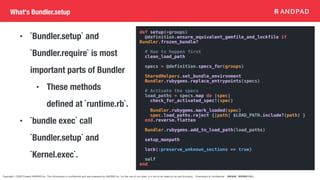 Copyright © 2020 Present ANDPAD Inc. This information is confidential and was prepared by ANDPAD Inc. for the use of our client. It is not to be relied on by and 3rd party. Proprietary & Confidential 無断転載・無断複製の禁止
What's Bundler.setup
def setup(*groups)
@definition.ensure_equivalent_gemfile_and_lockfile if
Bundler.frozen_bundle?
# Has to happen first
clean_load_path
specs = @definition.specs_for(groups)
SharedHelpers.set_bundle_environment
Bundler.rubygems.replace_entrypoints(specs)
# Activate the specs
load_paths = specs.map do |spec|
check_for_activated_spec!(spec)
Bundler.rubygems.mark_loaded(spec)
spec.load_paths.reject {|path| $LOAD_PATH.include?(path) }
end.reverse.flatten
Bundler.rubygems.add_to_load_path(load_paths)
setup_manpath
lock(:preserve_unknown_sections => true)
self
end
• `Bundler.setup` and
`Bundler.require` is most
important parts of Bundler
• These methods
defined at `runtime.rb`.
• `bundle exec` call
`Bundler.setup` and
`Kernel.exec`.
 