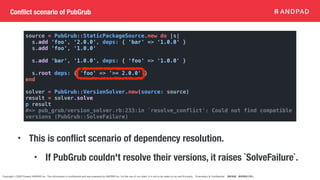 Copyright © 2020 Present ANDPAD Inc. This information is confidential and was prepared by ANDPAD Inc. for the use of our client. It is not to be relied on by and 3rd party. Proprietary & Confidential 無断転載・無断複製の禁止
Conflict scenario of PubGrub
source = PubGrub::StaticPackageSource.new do |s|
s.add 'foo', '2.0.0', deps: { 'bar' => '1.0.0' }
s.add 'foo', '1.0.0'
s.add 'bar', '1.0.0', deps: { 'foo' => '1.0.0' }
s.root deps: { 'foo' => '>= 2.0.0' }
end
solver = PubGrub::VersionSolver.new(source: source)
result = solver.solve
p result
#=> pub_grub/version_solver.rb:233:in `resolve_conflict': Could not find compatible
versions (PubGrub::SolveFailure)
• This is conflict scenario of dependency resolution.
• If PubGrub couldn't resolve their versions, it raises `SolveFailure`.
 