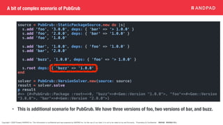 Copyright © 2020 Present ANDPAD Inc. This information is confidential and was prepared by ANDPAD Inc. for the use of our client. It is not to be relied on by and 3rd party. Proprietary & Confidential 無断転載・無断複製の禁止
A bit of complex scenario of PubGrub
source = PubGrub::StaticPackageSource.new do |s|
s.add 'foo', '3.0.0', deps: { 'bar' => '> 1.0.0' }
s.add 'foo', '2.0.0', deps: { 'bar' => '1.0.0' }
s.add 'foo', '1.0.0'
s.add 'bar', '1.0.0', deps: { 'foo' => '1.0.0' }
s.add 'bar', '2.0.0'
s.add 'buzz', '1.0.0', deps: { 'foo' => '> 1.0.0' }
s.root deps: { 'buzz' => '1.0.0' }
end
solver = PubGrub::VersionSolver.new(source: source)
result = solver.solve
p result
#=> {#<PubGrub::Package :root>=>0, "buzz"=>#<Gem::Version "1.0.0">, "foo"=>#<Gem::Version
"3.0.0">, "bar"=>#<Gem::Version "2.0.0">}
• This is additional scenario for PubGrub. We have three versions of foo, two versions of bar, and buzz.
 