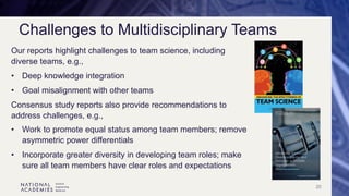 20
Challenges to Multidisciplinary Teams
Our reports highlight challenges to team science, including
diverse teams, e.g.,
• Deep knowledge integration
• Goal misalignment with other teams
Consensus study reports also provide recommendations to
address challenges, e.g.,
• Work to promote equal status among team members; remove
asymmetric power differentials
• Incorporate greater diversity in developing team roles; make
sure all team members have clear roles and expectations
 