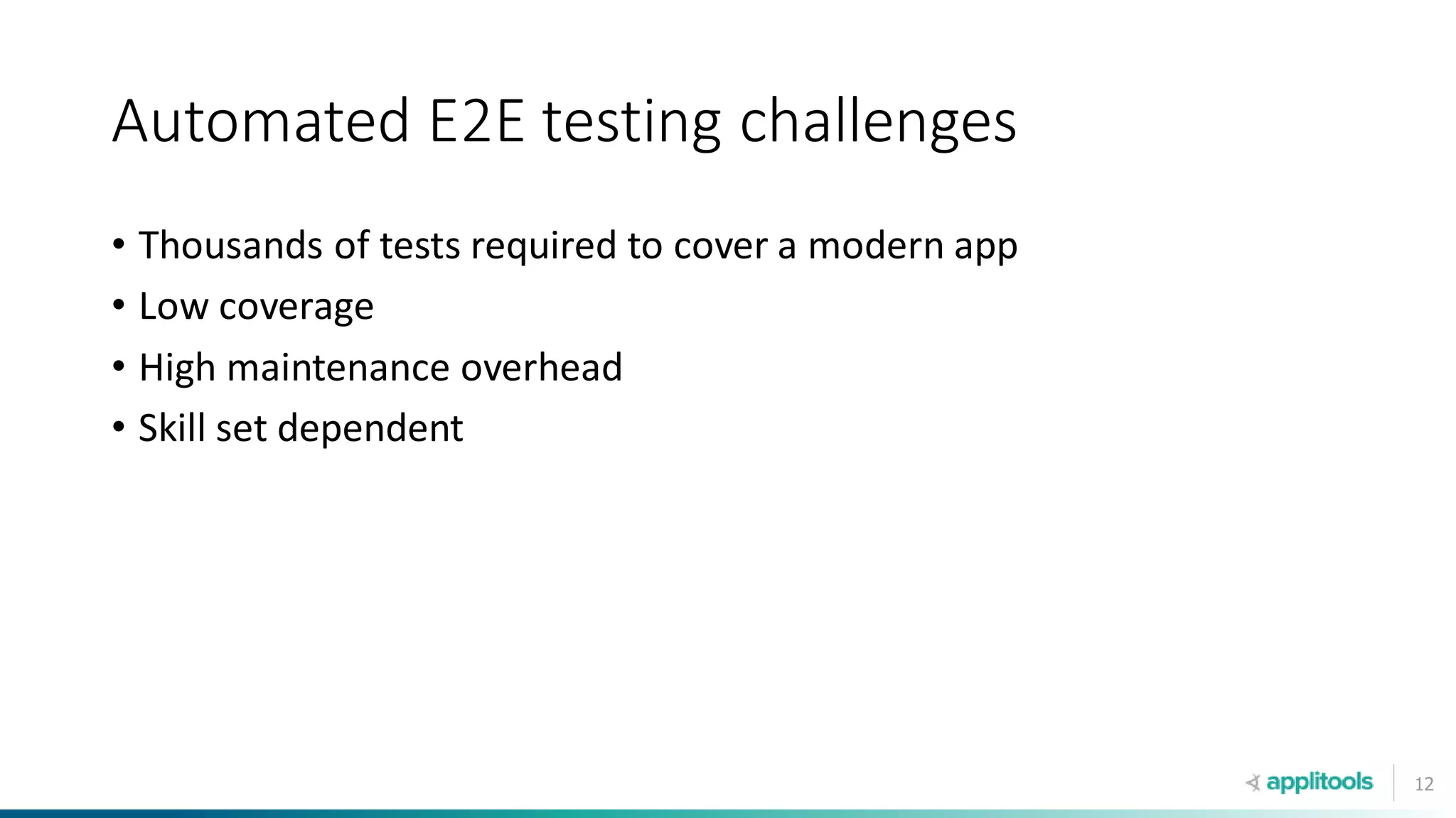12
Automated E2E testing challenges
• Thousands of tests required to cover a modern app
• Low coverage
• High maintenance overhead
• Skill set dependent
 