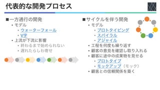 代表的な開発プロセス
n一方通行の開発
• モデル
• ウォーターフォール
• V字
• 上流が下流に影響
• 終わるまで始められない
• 遅れたらしわ寄せ
nサイクルを伴う開発
• モデル
• プロトタイピング
• スパイラル
• アジャイル
• 工程を何度も繰り返す
• 顧客の意見を確認し取り入れる
• 顧客に途中の成果物を見せる
• プロトタイプ
• モックアップ（モック）
• 顧客との信頼関係を築く
 