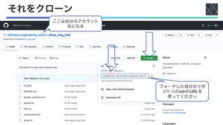 それをクローン
ここは自分のアカウント
名になる
フォークした自分のリポ
ジトリのsshのURLを
使ってください
 