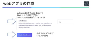 webアプリの作成
Advanced以下のauto-deployを
Noにしたら手動デプロイ
Yesにしたら自動デプロイ（CD）
作成するとビルドプ
ロセスが開始
 