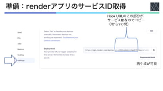 準備：renderアプリのサービスID取得
Hook URLのこの部分が
サービスIDなのでコピー
（/から?の間）
再生成が可能
 
